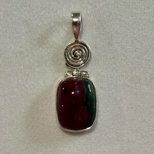 925 Sterling Silver Red & Green Bloodstone Swirl Design Funky Necklace Pendant